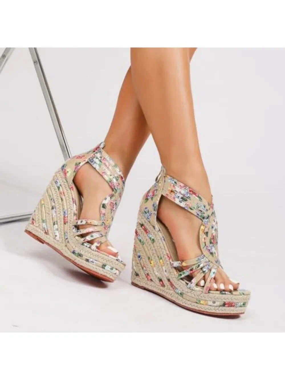 Stylish Flower Pattern Espadrille Wedge Sandals - Open Toe T-Strap High Heels